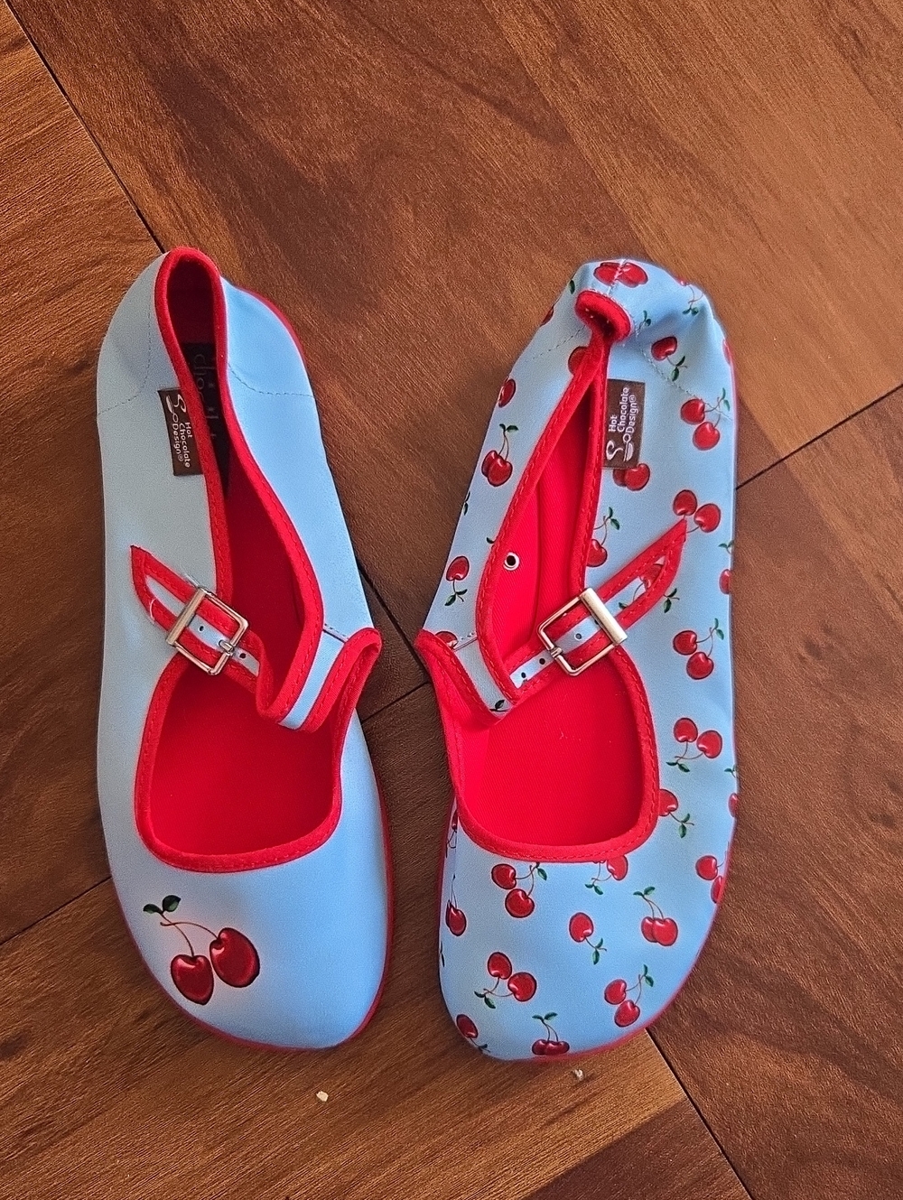 Hot Chocolate Design Cherry-Print Mary Jane Flats - Light Blue & Red Sz 38/8